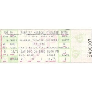 Vintage 1986 Jay Leno Comedy Complete Unused Concert Ticket Stub Sunrise FL